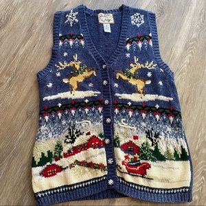 Vintage Heirloom Collectibles Y2K Christmas Vest Blue Large Sleigh Reinfeer